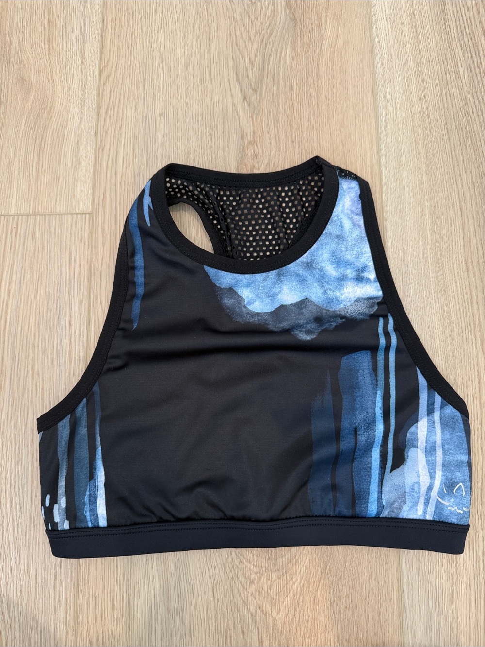 Beyond Yoga Black Sports Bra with Blue Watercolor Accents XS